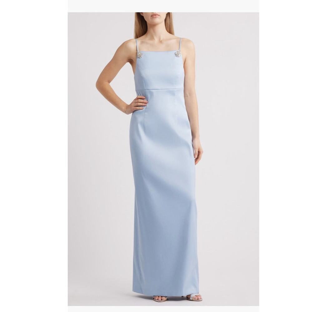 Sachin Babi Pryce Crystal Strap Vertical Stretch Mikado Blue Column Gown 12